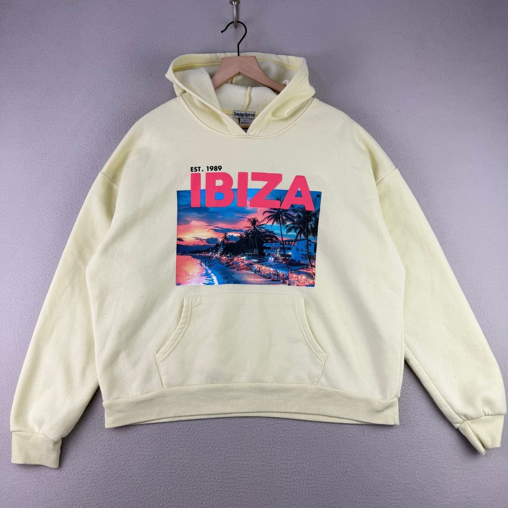 Ibiza Graphic Hoodie Women Large Yellow Pullover Festival Vacation Boxy Fleece